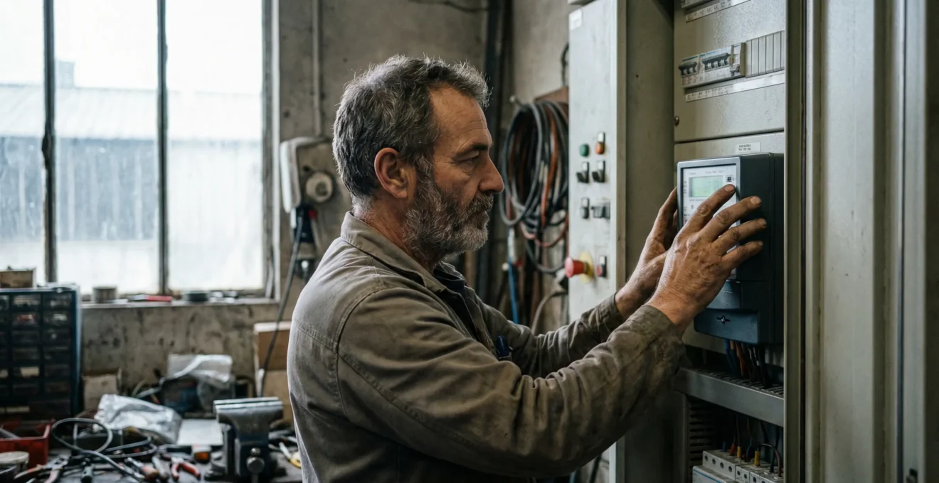 Artisan français vérifiant son compteur électrique triphasé dans un atelier professionnel