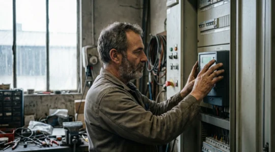 Artisan français vérifiant son compteur électrique triphasé dans un atelier professionnel