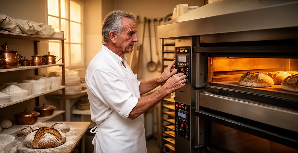Boulanger français travaillant devant son four professionnel à l'aube pour optimiser les heures creuses