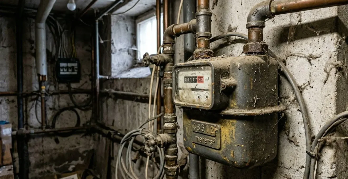 Un compteur de gaz industriel dans un local technique d'immeuble, légèrement poussiéreux, éclairé par une lumière naturelle faible
