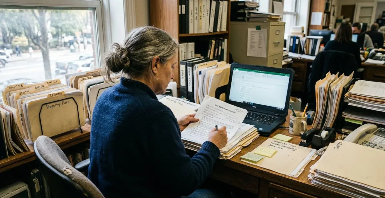 Un gestionnaire de copropriété consulte des documents sur son bureau encombré de classeurs, vue de profil dans un bureau éclairé naturellement