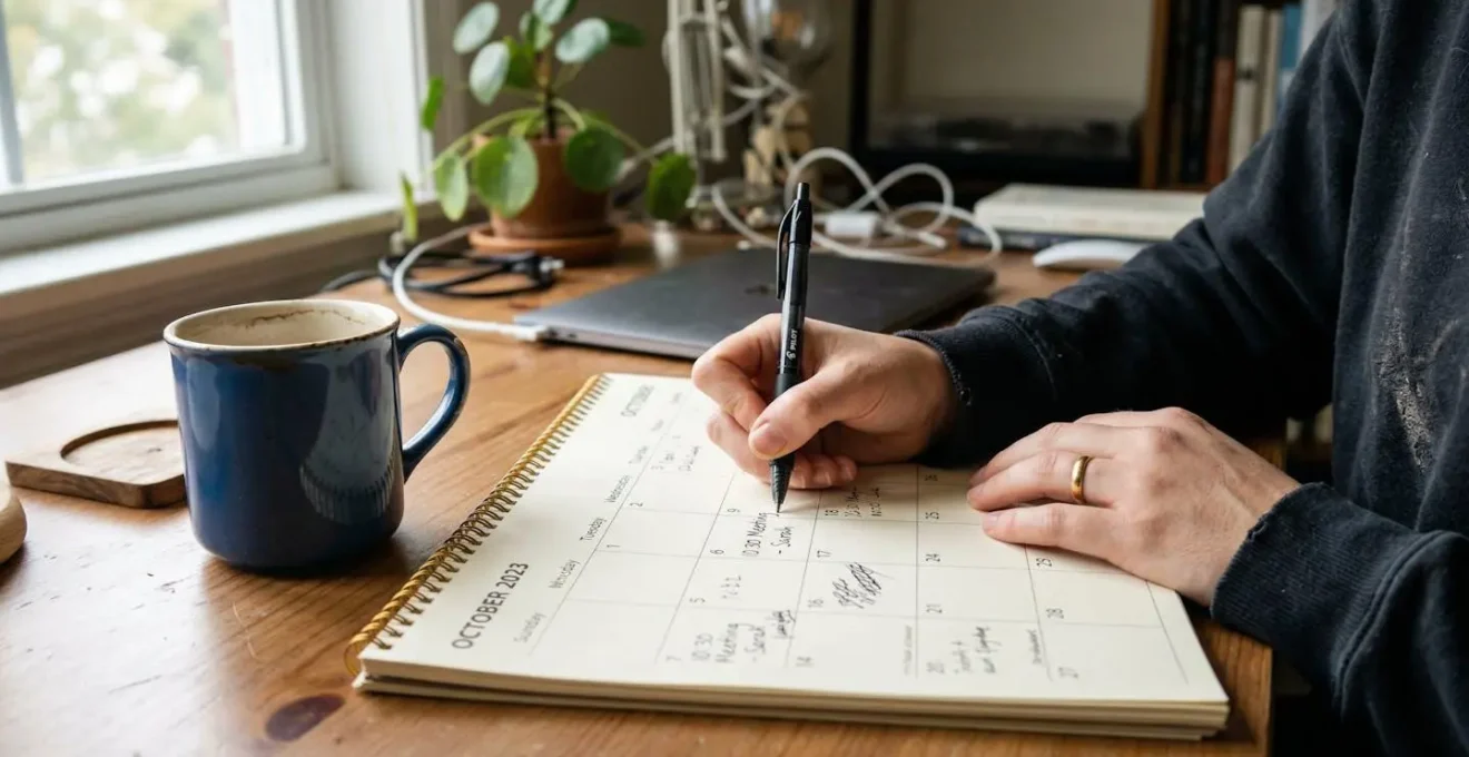Des mains annotent un calendrier papier avec un stylo sur un bureau avec une tasse de café